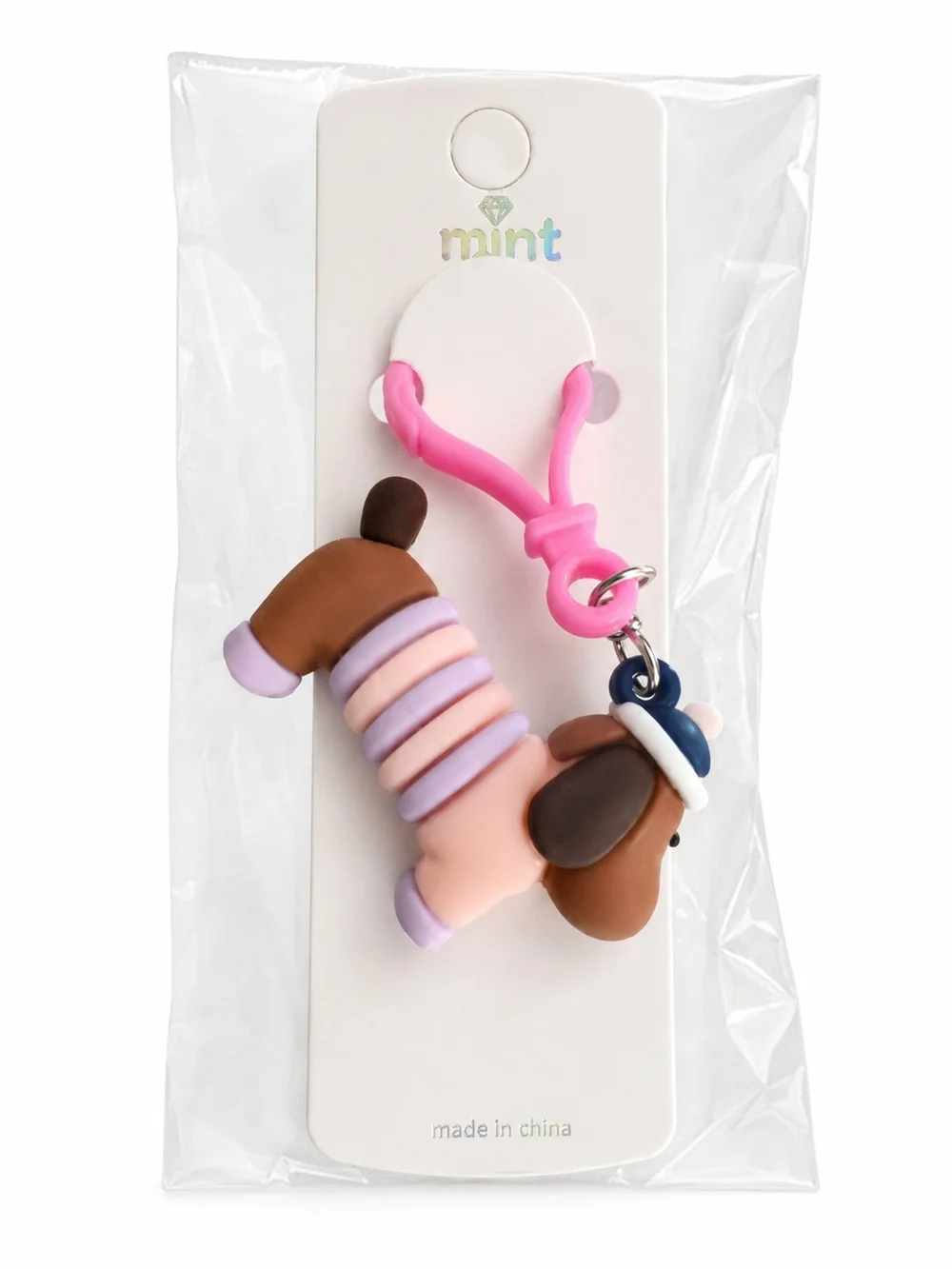 Mint Pink & Brown Dog Charm Keychain for Kids